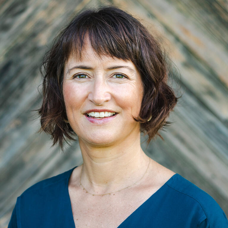 adjunct professor erin murphy graham smiling at camera short brown hair wearing blue v neck blouse