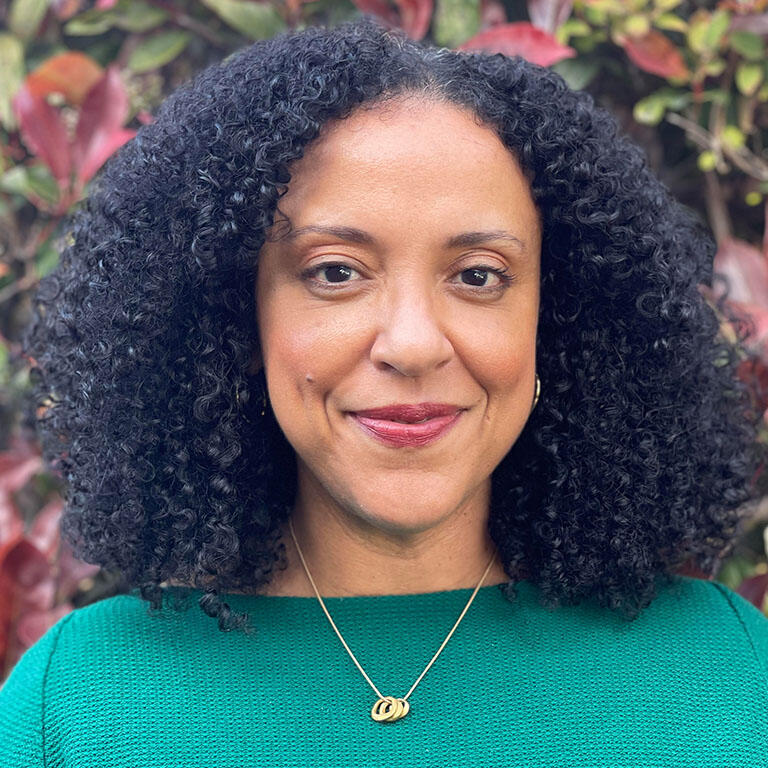 portrait image professor janelle scott wearing a blue green sweater gold chain with three circle charms